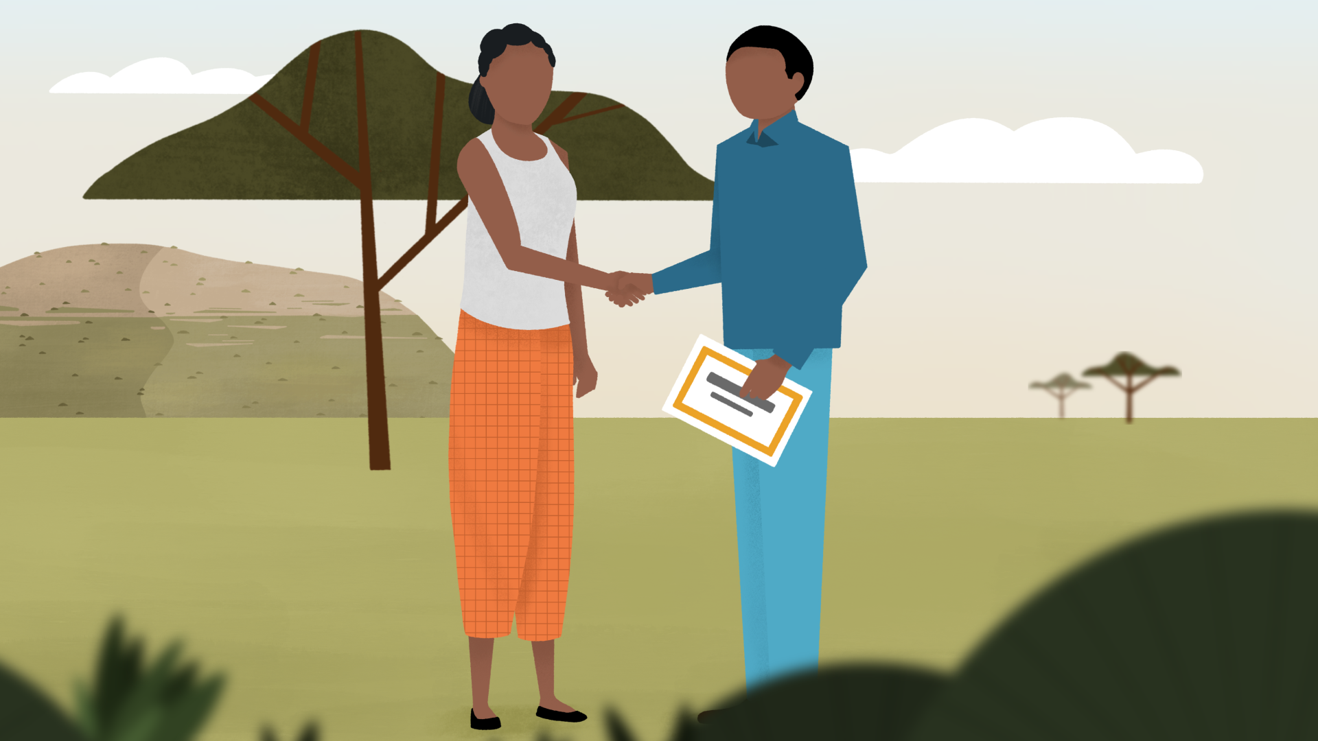 A community monitor uses the DevelopmentCheck mobile app to report that the well has been repaired. A community member is seen collecting water and a mother and child wave at the monitor. Image: Jolt Studio